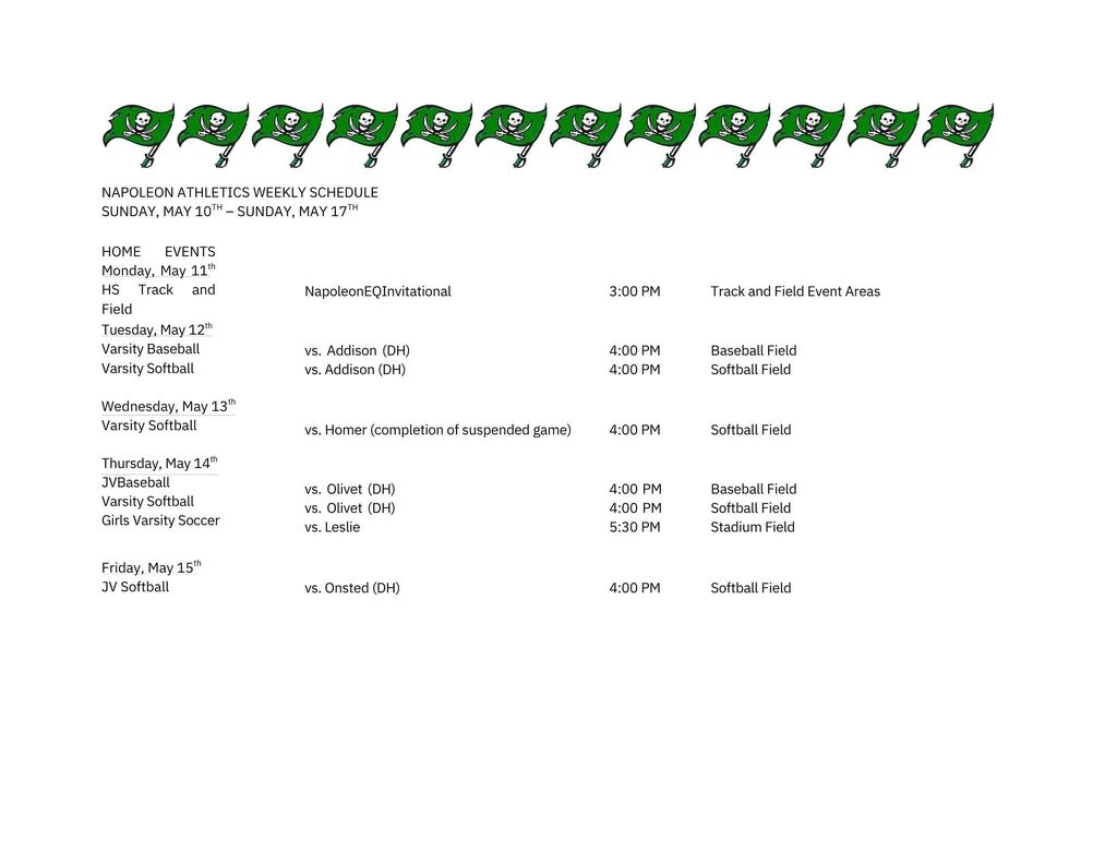 Weekly Athletic Schedule