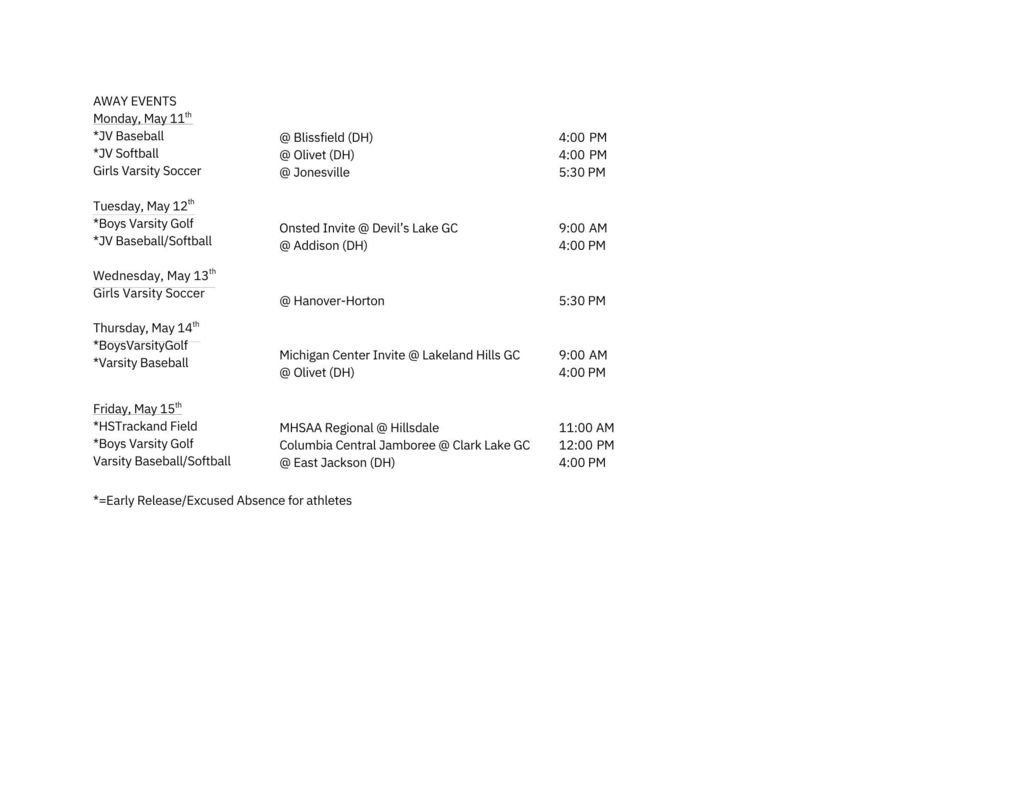 Weekly Athletic Schedule