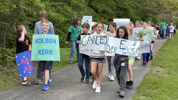 students on track with signs