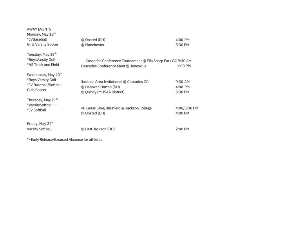 Weekly Athletic Schedule