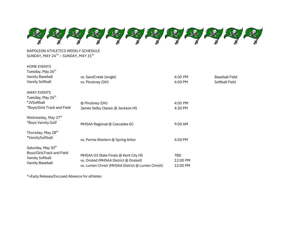 Weekly Athletic Schedule