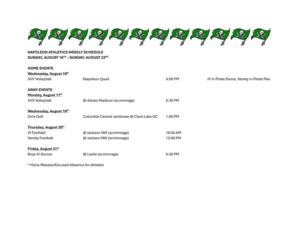 Weekly Athletic Schedule