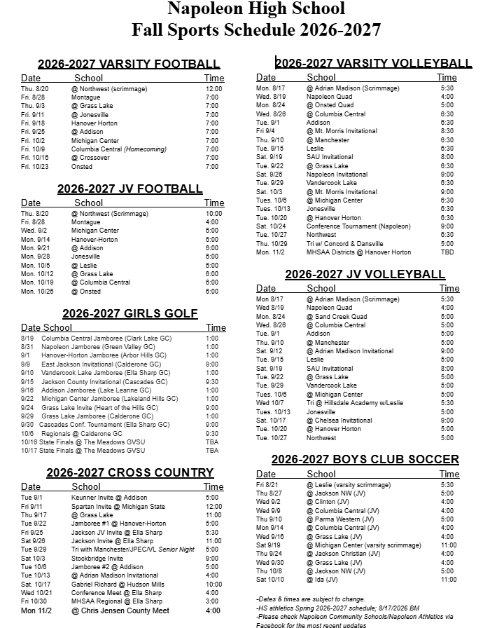 Fall Schedule update