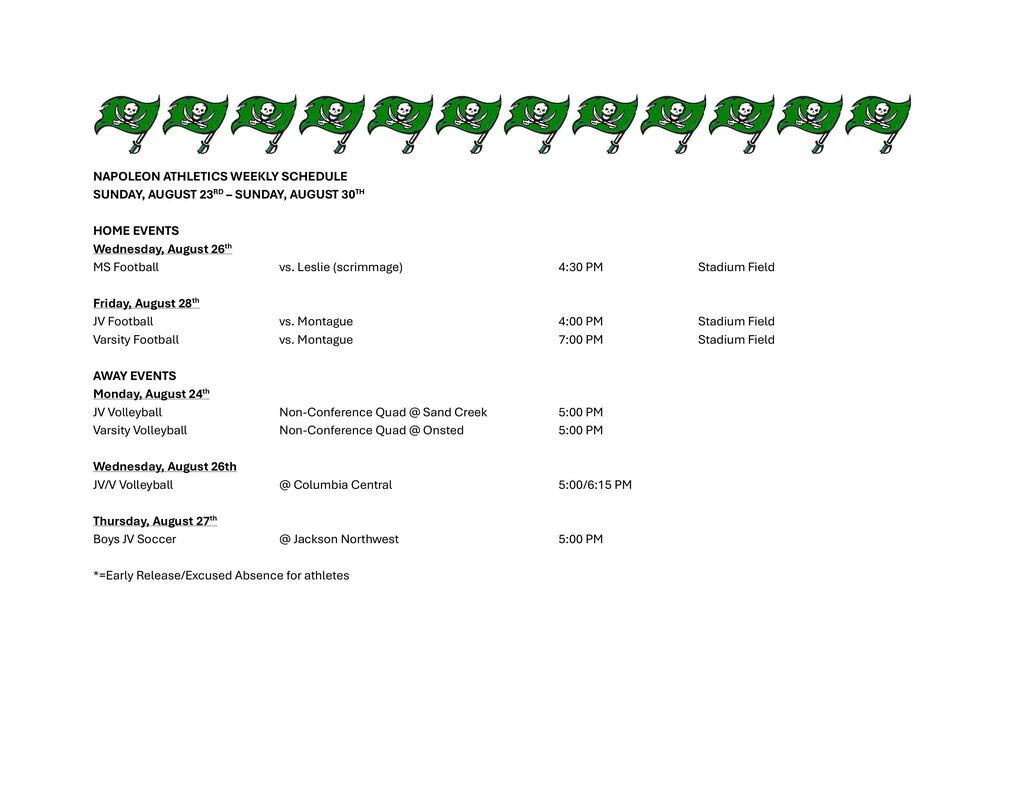 Weekly Athletic Schedule