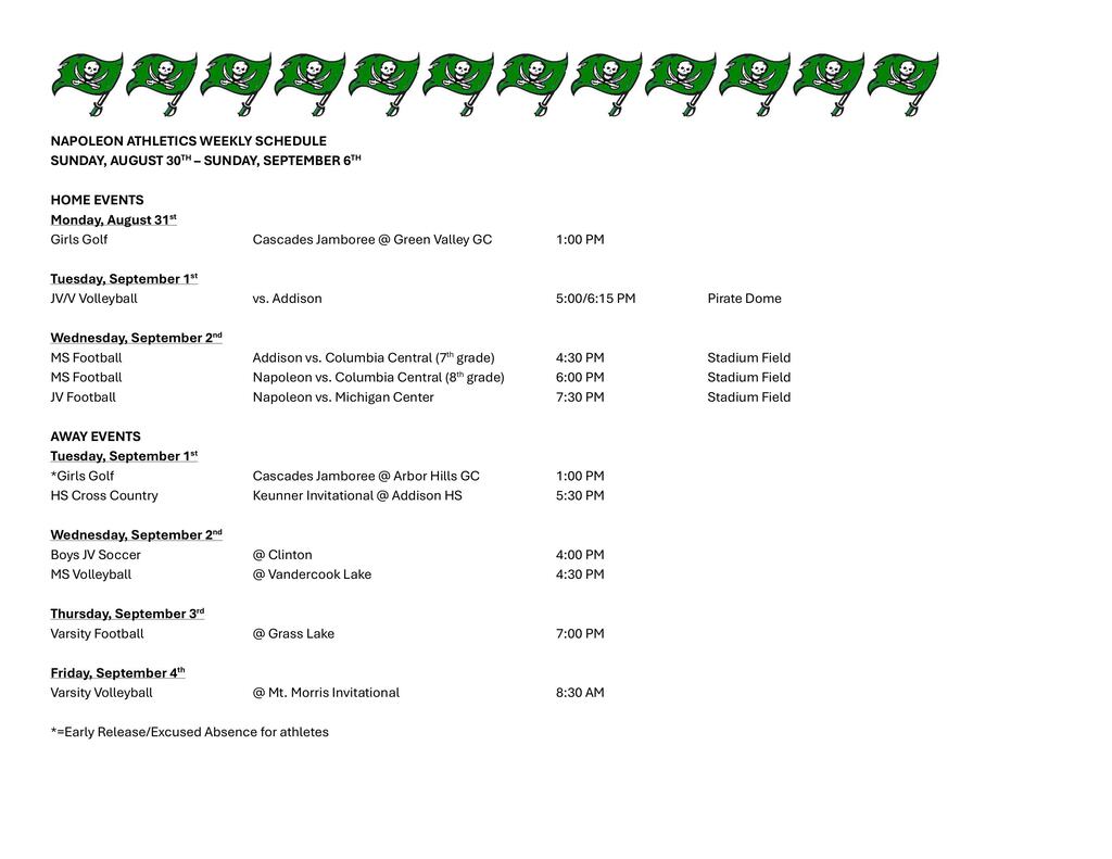 Weekly Athletic Schedule