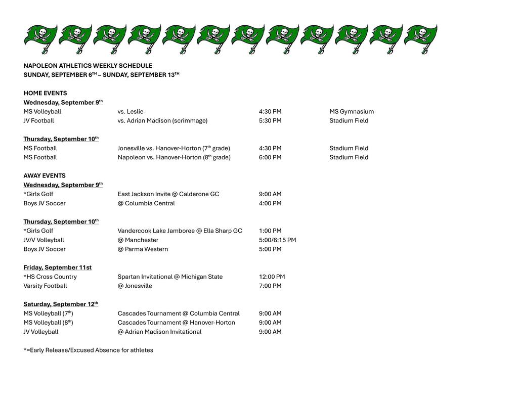 Weekly Athletic Schedule