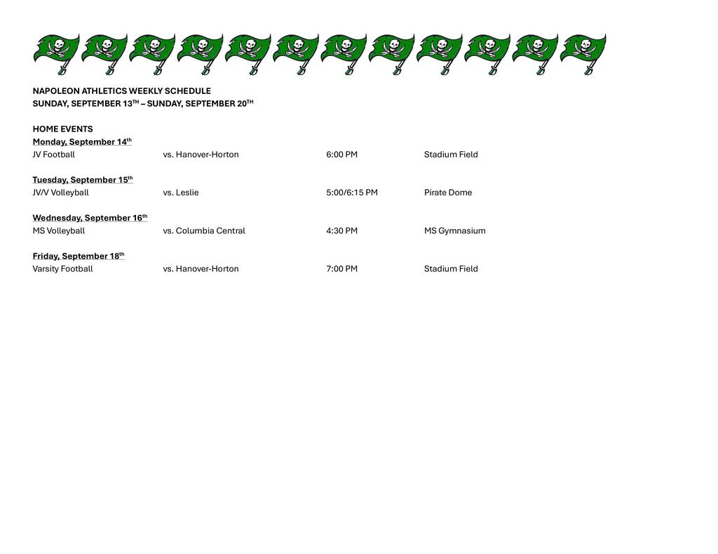 Weekly Athletic Schedule