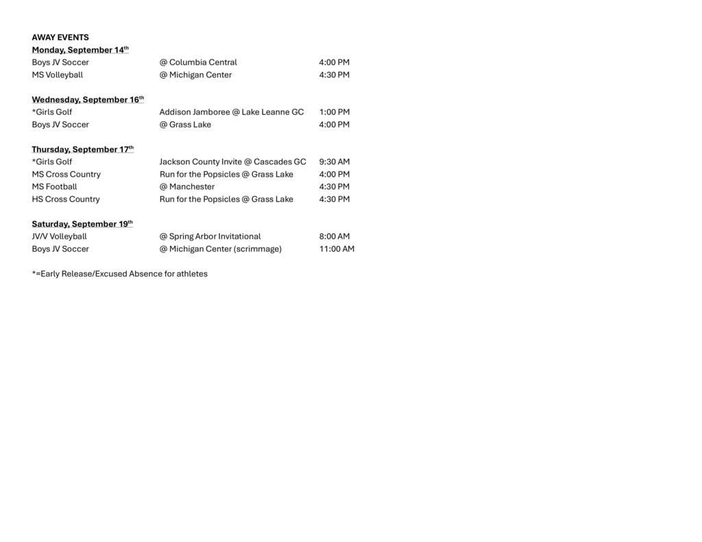 Weekly Athletic Schedule
