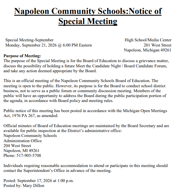 Board Members: Special Meeting