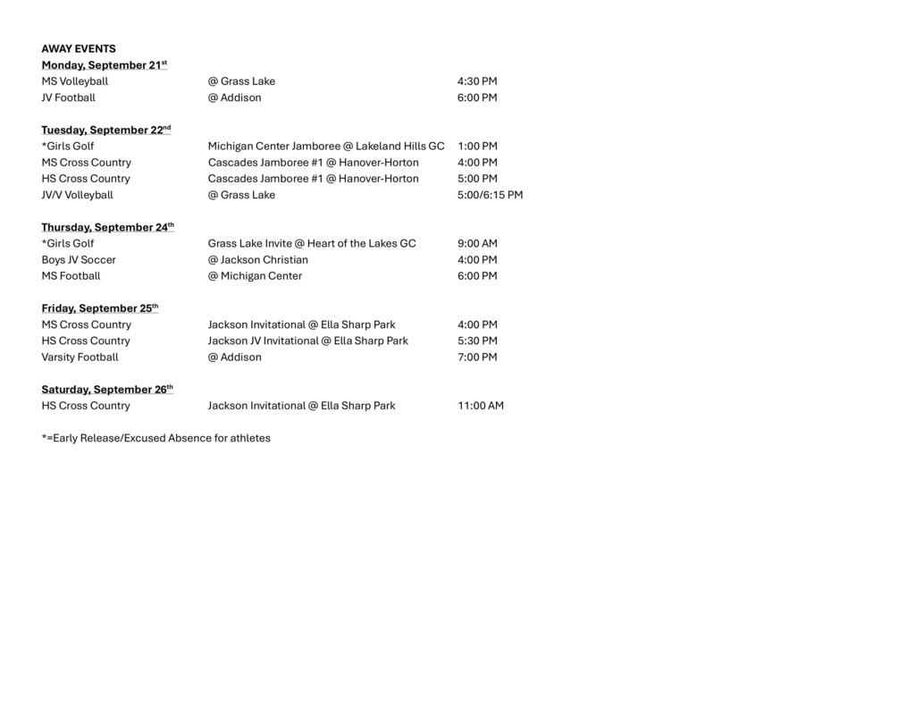 Weekly Athletic Schedule