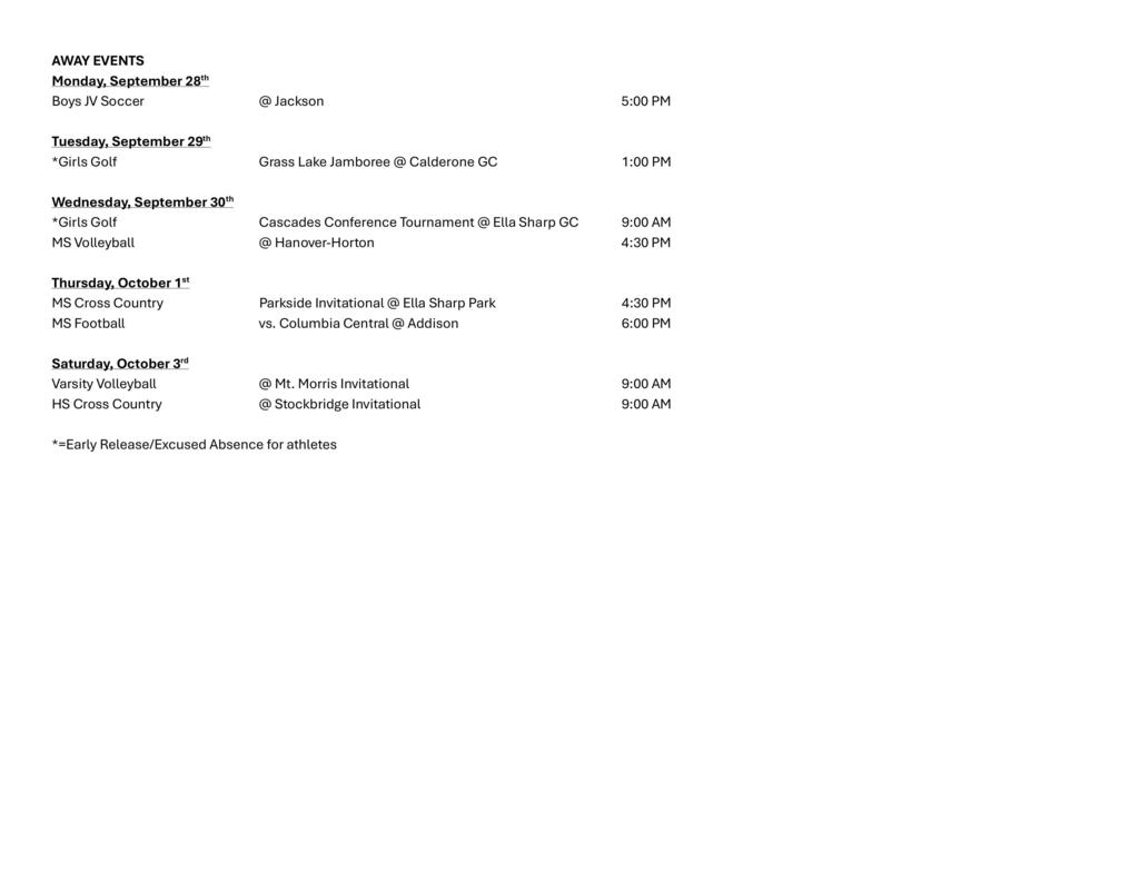 Weekly Athletic Schedule