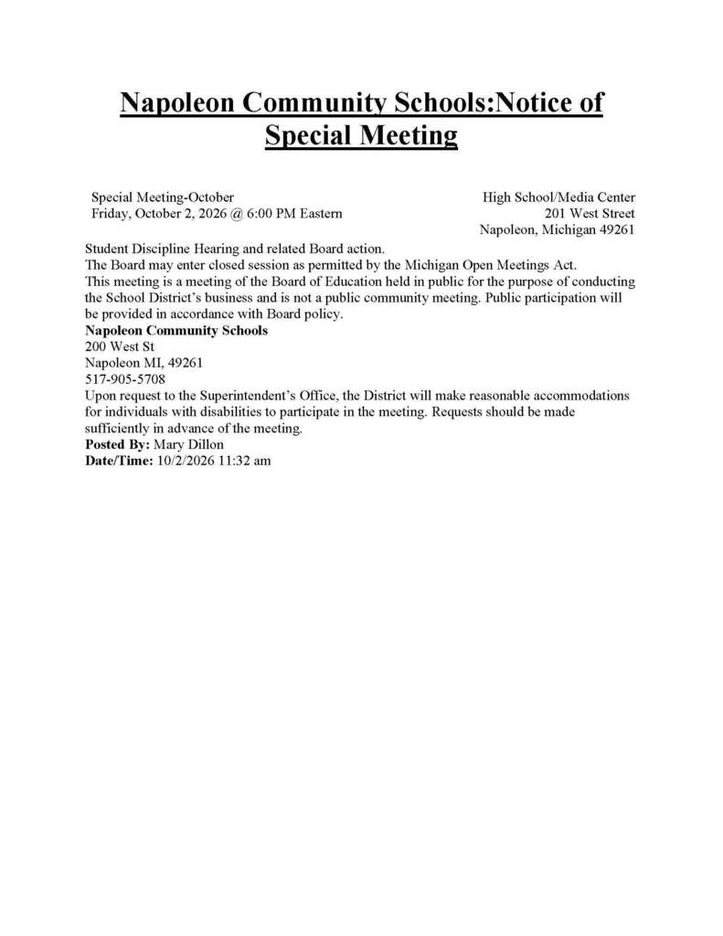 Notice of Special Board Meeting