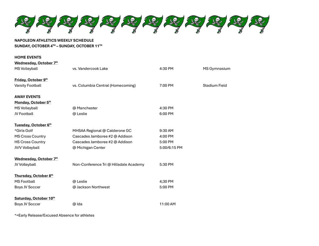 Weekly Athletic Schedule