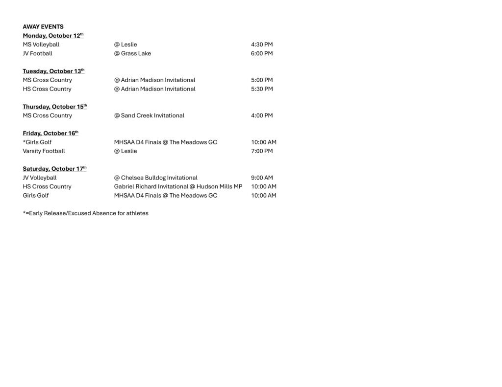 Weekly Athletic Schedule