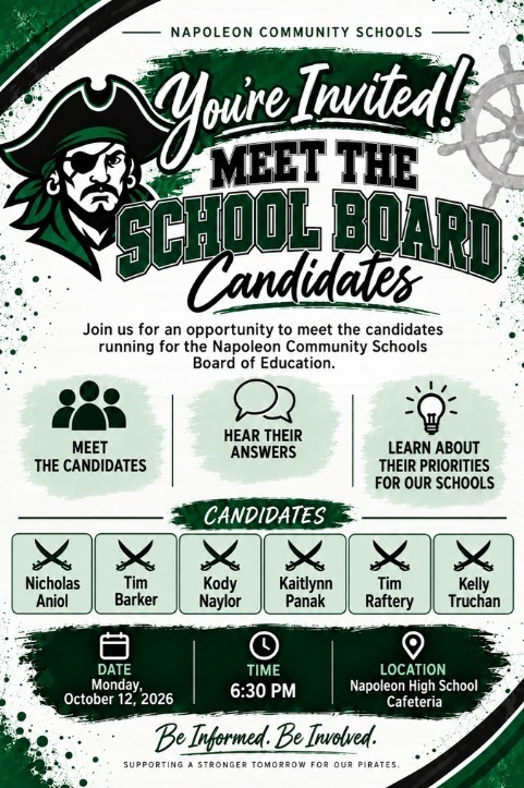 Meet school board candidates Monday Oct 12th at 6:30 pm NMS