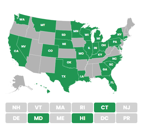 map of the  United States with some states highlighted green
