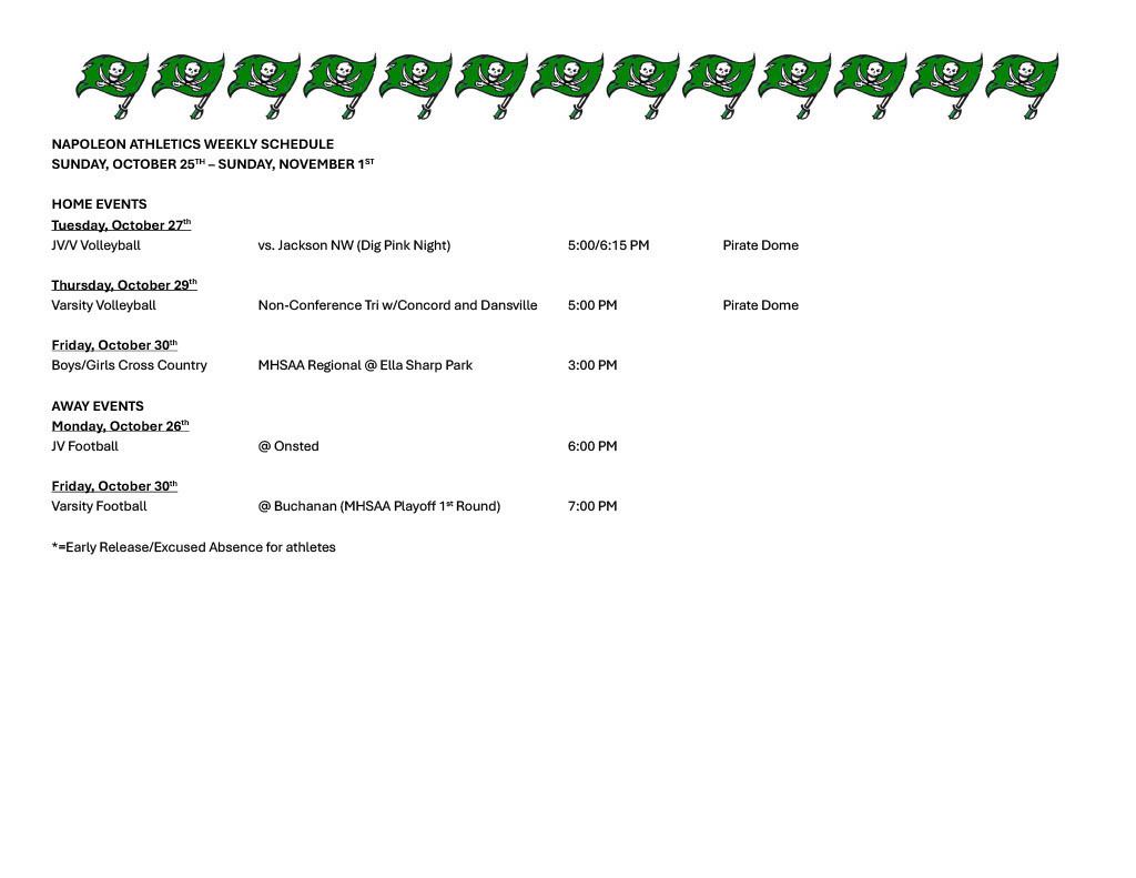 Weekly Athletic Schedule