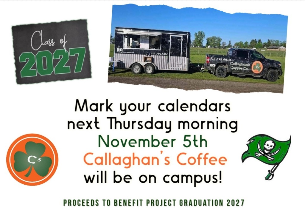 Mark your calendars, Pirate Country! 💚🧡 Callaghan’s Coffee Co. will be on campus next Thursday morning, November 5th! Stop by, grab your favorite coffee, and help support Project Graduation 2027! Every cup helps make a difference for our Class of 2027. 🎓 📅 Thursday, November 5th ☕ Callaghan’s Coffee Co. on campus Let’s show our Pirate pride and support our seniors! 💚 #PiratePride #ProjectGraduation2027 #NapoleonPirates #CoffeeForACause