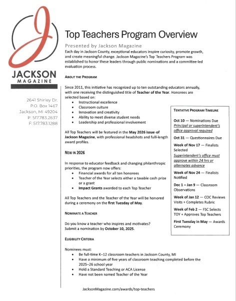 Details on the Top Teacher nomination and program.