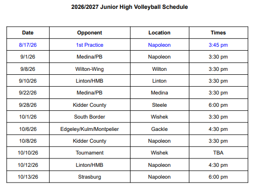 Junior High Volleyball Schedule