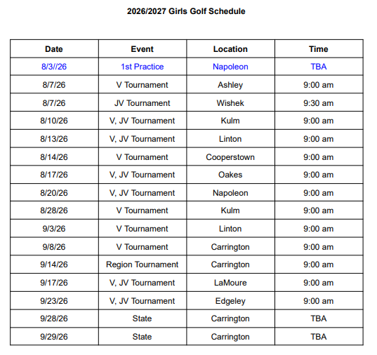 Girls Golf Schedule