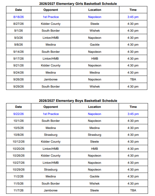 Elementary Basketball Schedules