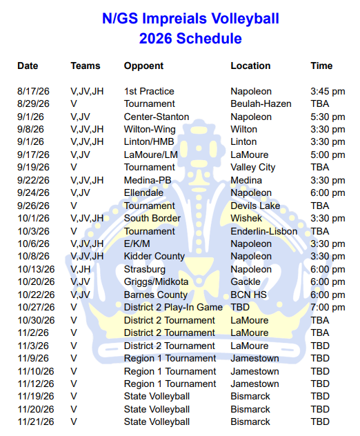 Varsity Volleyball Schedule