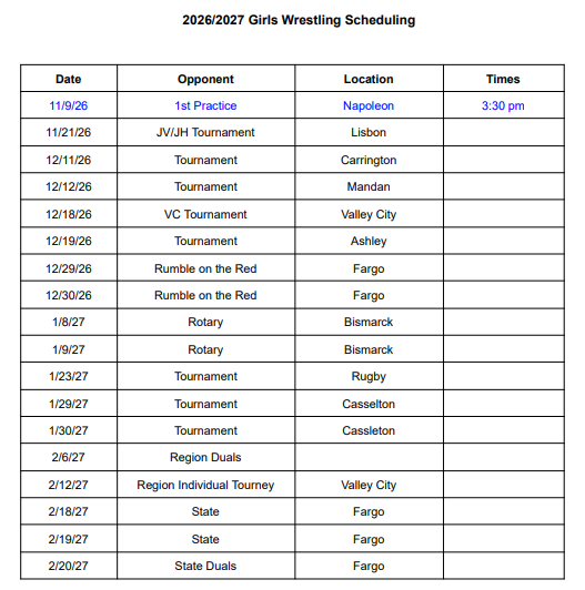 Girls Wrestling Schedule