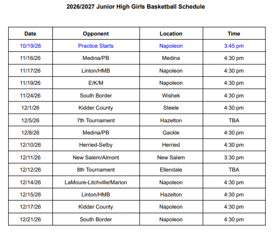 Junior High Girls Basketball Schedule