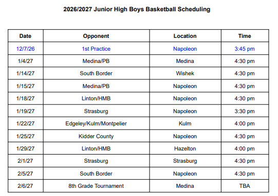 Junior High Boys Basketball Schedule