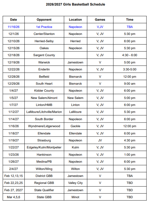 Girls Basketball Schedule