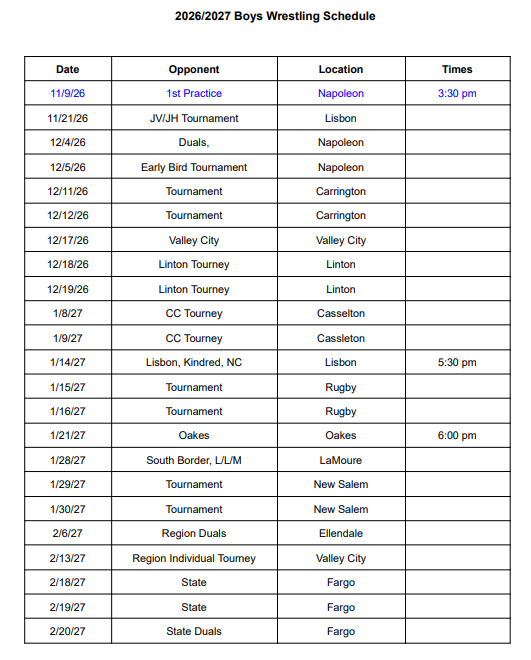 Boys Wrestling Schedule