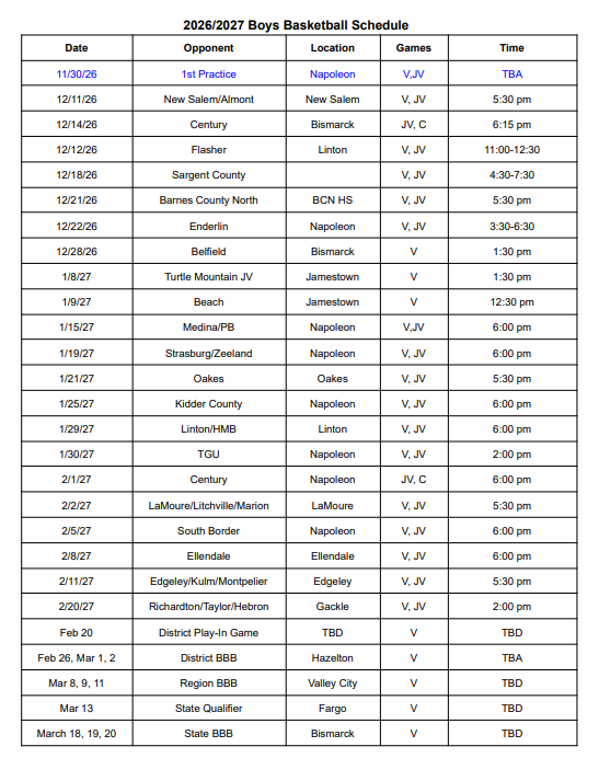 Boys Basketball Schedule