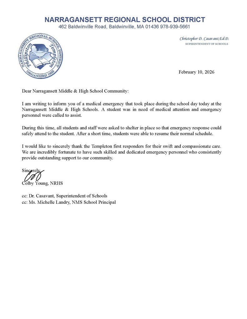 NRHS Medical Emergency Letter to Community  - 2