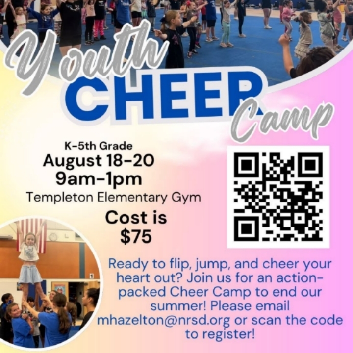 August is here and we are ready to get back to cheer!! Registration is now open to sign up for our “Back to School” Youth Cheer camp. Open for grades K-5. Take a picture of the QR code or click here: https://forms.gle/mYNGywwhzmT9vqfW8 to register!