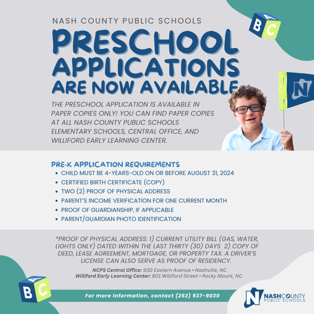 📢 Preschool Applications are NOW AVAILABLE! 📢 The Preschool application is available in paper copies only! You can find paper copies at all Nash County Public Schools Elementary Schools, Central Office, and Williford Early Learning Center. 📝 Pre-K Application Requirements 📝 Child must be 4 years old on or before August 31, 2024 Certified Birth Certificate (copy) Two (2) proofs of physical address Parent’s income verification for one current month Proof of guardianship, if applicable Parent/Guardian photo identification *Proof of physical address: 1) current utility bill (gas, water, lights only) dated within the last thirty (30) days 2) Copy of deed, lease agreement, mortgage, or property tax. A driver’s license can also serve as proof of residency. 📍 NCPS Central Office: 930 Eastern Avenue • Nashville, NC 📍 Williford Early Learning Center: 801 Williford Street • Rocky Mount, NC 📞 For more information, contact (252) 937-9030. #PreschoolApplication