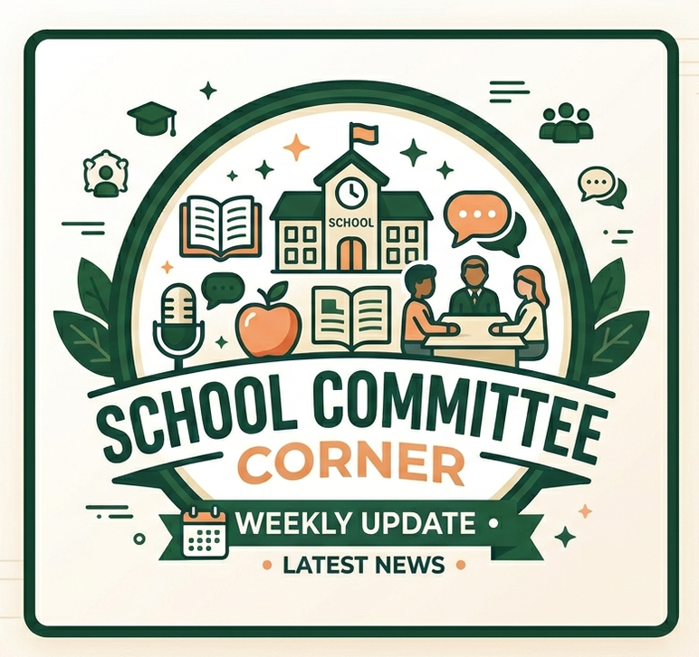 School Committe Corner Weekly Update, Latest News. A green circle with a school, people, and books inside.