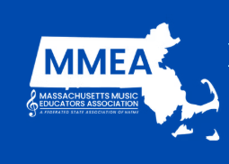 White outline of Massachusetts on a blue background. MMEA.