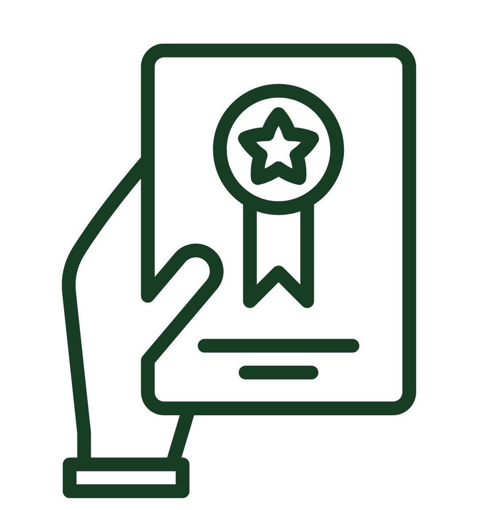 An icon showing a hand holding a piece of paper with a medal on it.