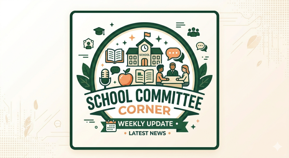 School Committee Corner. Weekly Update. Latest News. A green circle with pitures of school books, people, and graduation caps.