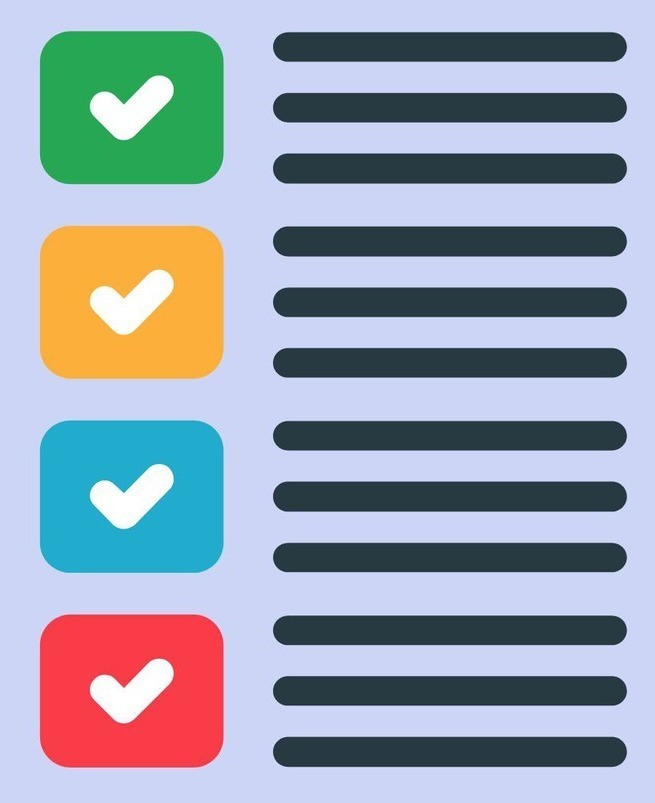A grey page with green, yellow, blue, and red boxes with white check marks insides