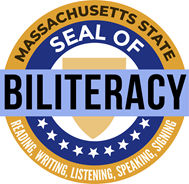 Massachusetts State seal ofBiliteracy. Reading, Writing, Listening, Speaking, Signing.