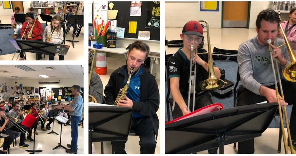 students and teacher playing saxophones and trombones