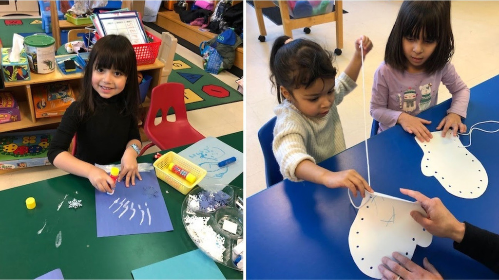 students use glue sticks and threat to create snow and winter themed crafts