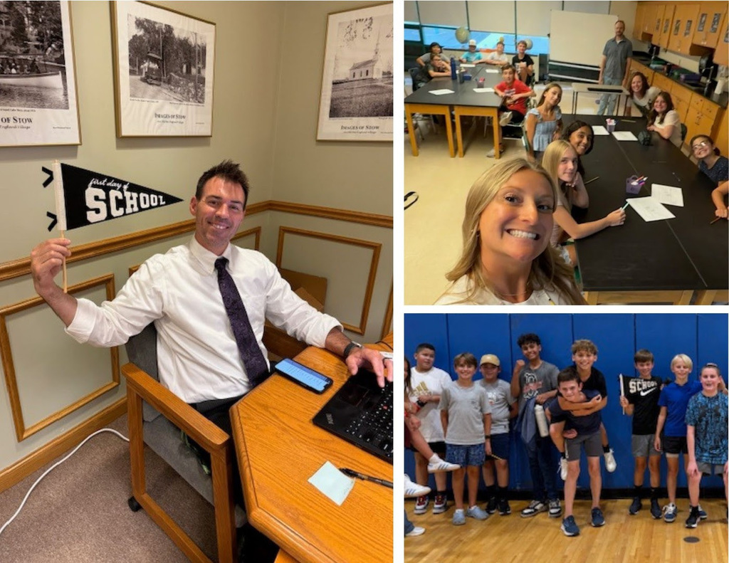 A three photo collage showing Principal Grady posing with a first day of school flag, Dean of Students, Ms. Lappas, posing with students in a classroom, and a group of middle school students posing together in the gym.