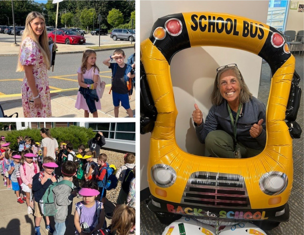 A collage showing students at Center School lining up outside on the first day of school and an image of a teacher posing with a school bus balloon.