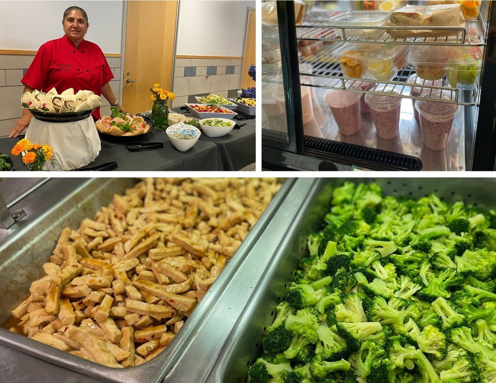 An image of chicken and broccoli in the cafeteria, a picture of yogurts and premade food in the cafeteria grab fridge, and an image of the Whitsons' director serving food.