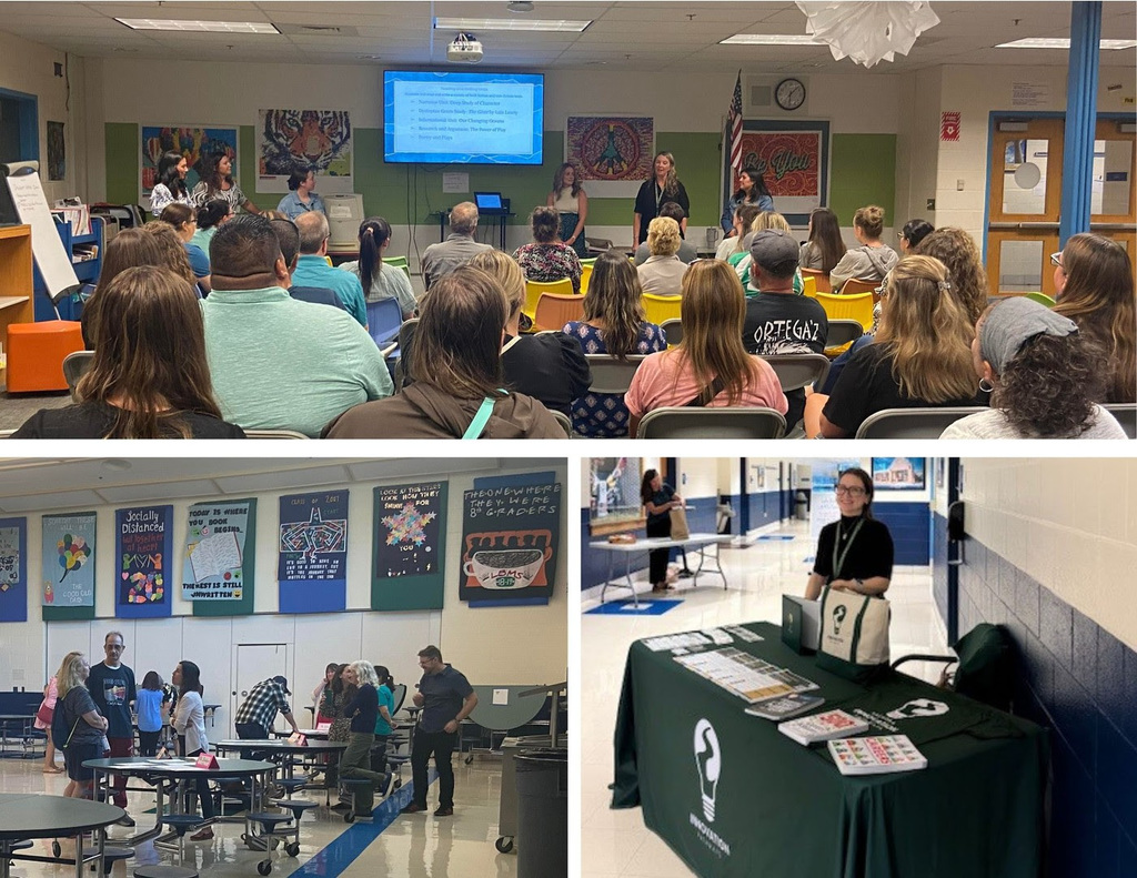 A collage of images from the LBMS Open House. Photo 1: Families sitting in the library listening to teachers present. Photo 2: Families talking with Related Arts teachers in the LBMS cafeteria. Photo 3: The Innovation Pathways Coordinator smiles at a table promoting the program.