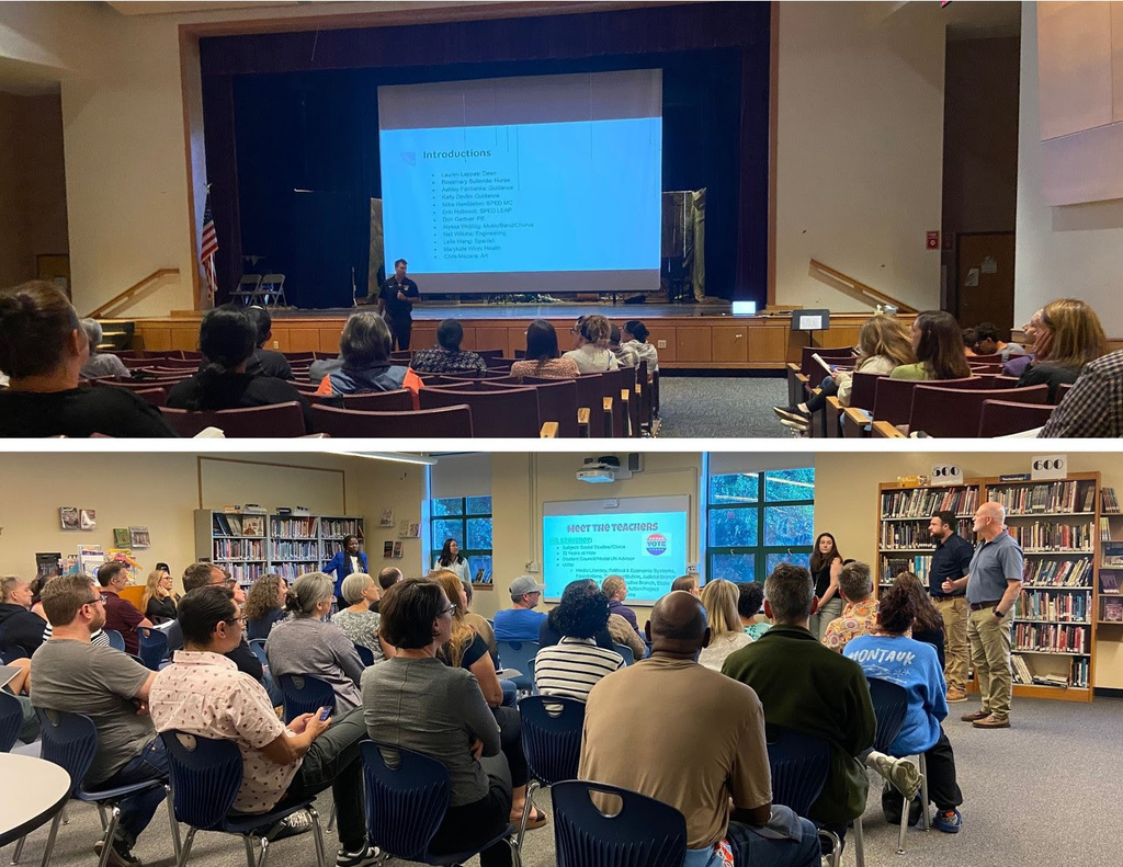 Top Photo: Grade 6-8 parents/caregivers sit in the auditorium while Principal Grady presents. Bottom Photo: 8th grade parents/caregivers sit in the Hale library as the 8th grade team presents.