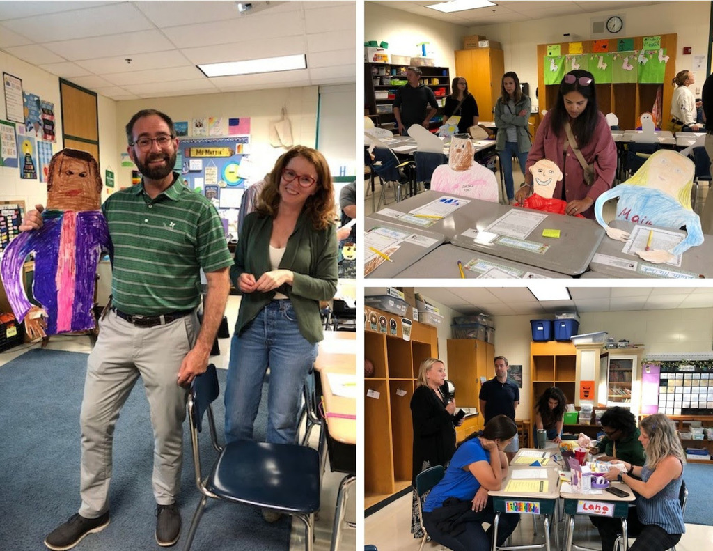 Photo 1: Two parents stand holding up the self-portrait of their student. Photo 2: Parents stand behind their child's self-portrait at their school desk. Photo 3: Parents sit and talk with teachers at their students' desks.